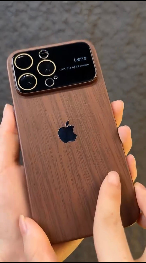 Full Lens Luxury Plating 3D Wooden Look Glossy Case For iPhone SERIES With Logo- Apple iPhone 14 Pro